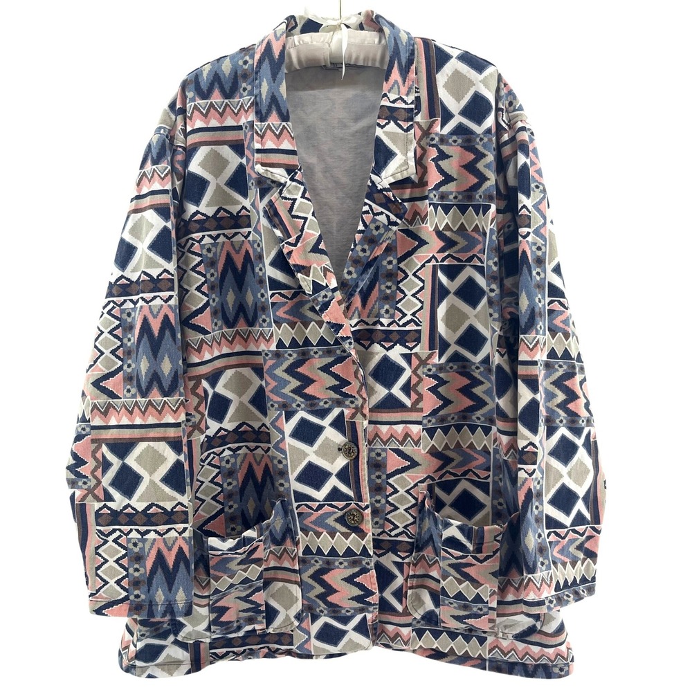 Vintage 90s Aztec Chore Jacket Womens L Oversized Denim Southwestern Pastel